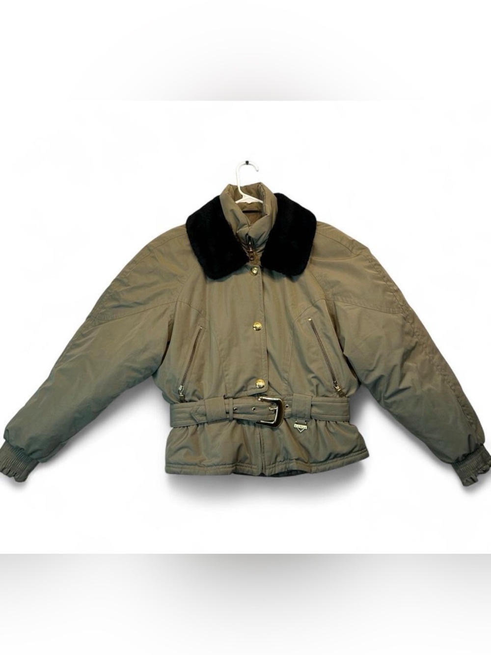 Olive Green Belted Winter Jacket with Black Fur Collar